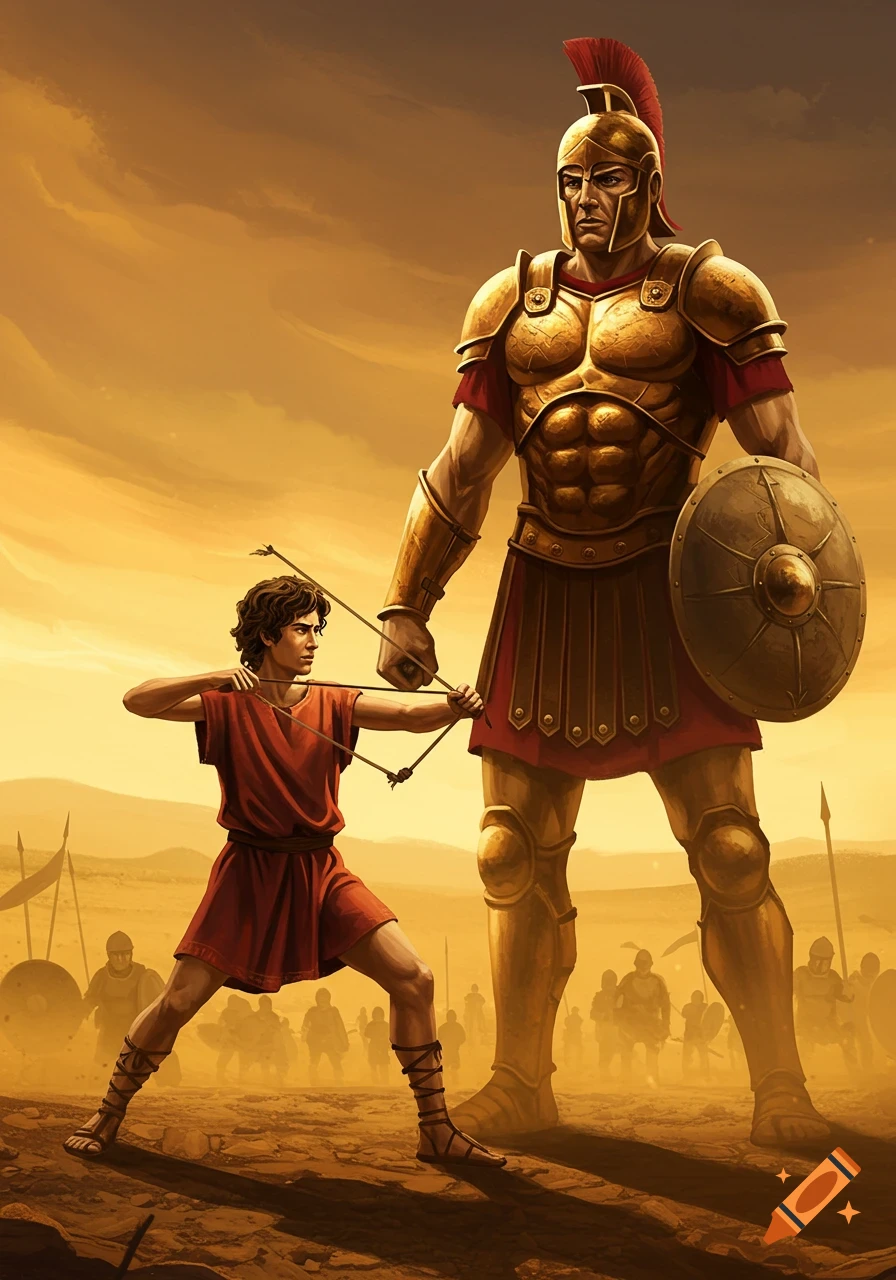Dramatic illustration of young David aiming a slingshot at the giant warrior Goliath in a battle scene.