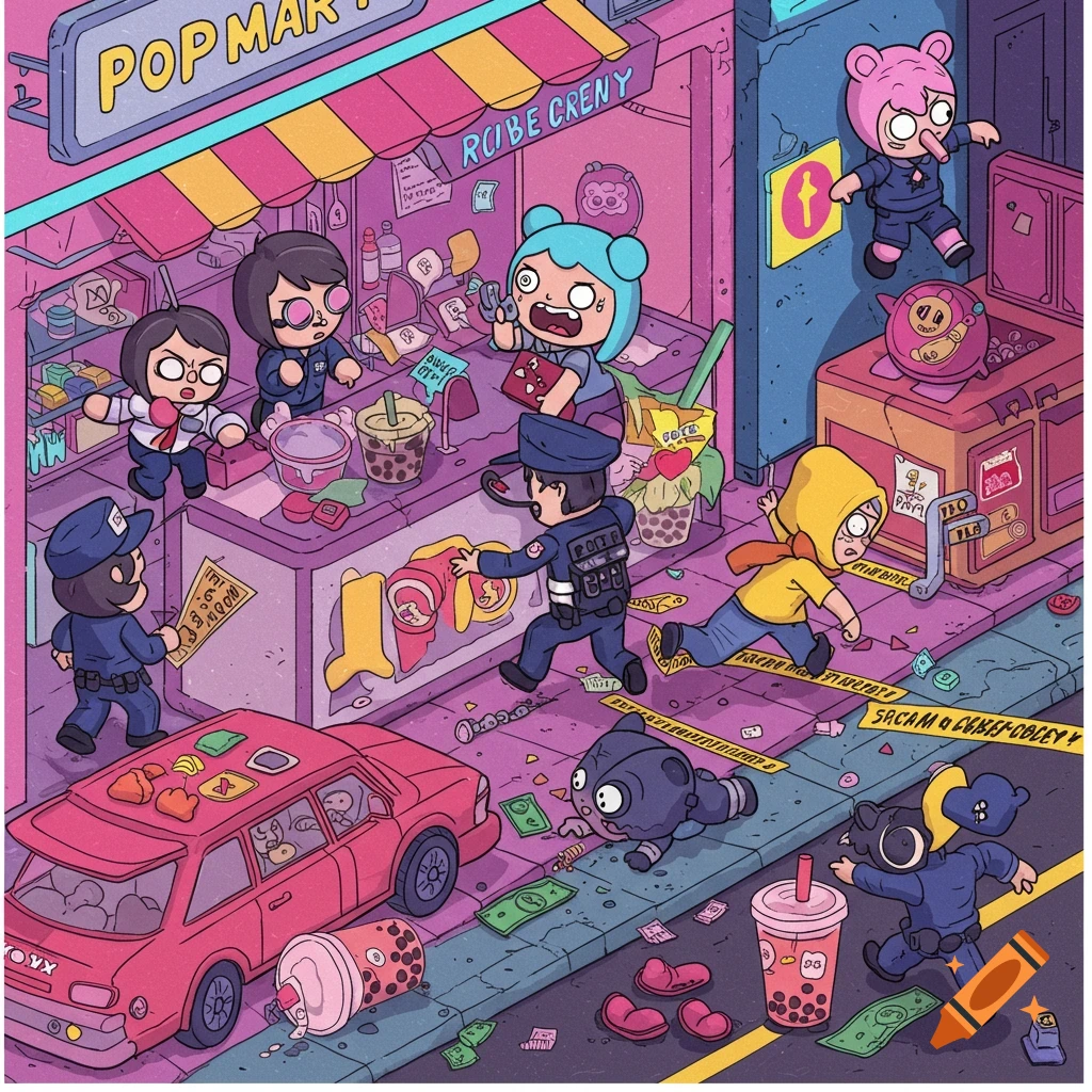 Isometric cartoon illustration of a robbery at a Pop Mart store with ...