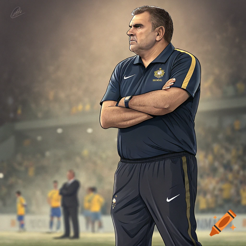 Caricature illustration of a man with arms crossed, wearing a dark blue football shirt, standing in a stadium.