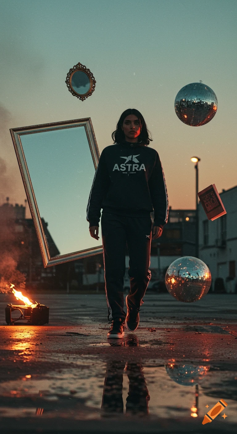 Woman in a black tracksuit walks in an urban street with floating mirrors and disco balls, cinematic style.