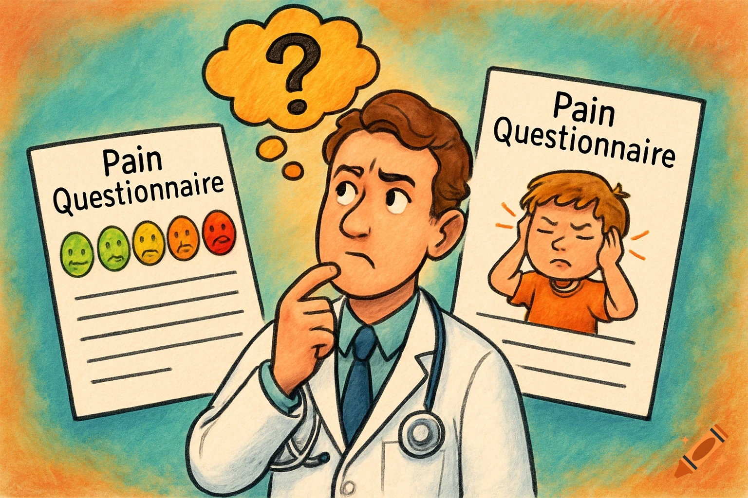 Illustration of a doctor looking at a pain questionnaire, thinking about a child in pain.