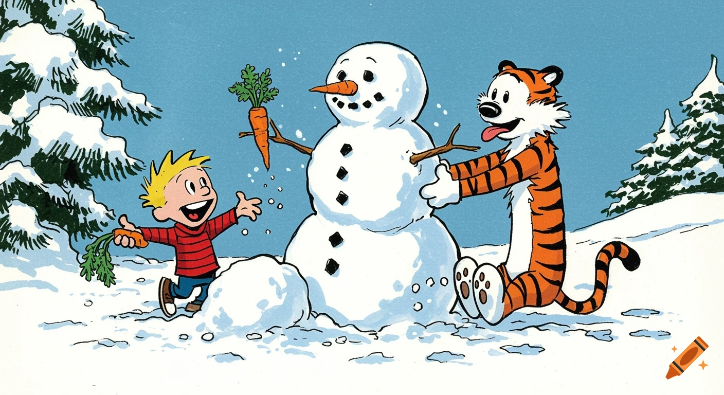 Calvin and Hobbes build a snowman in the snow in a comic illustration style
