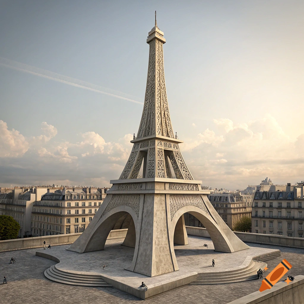 A concrete version of the Eiffel Tower stands over a square in Paris.