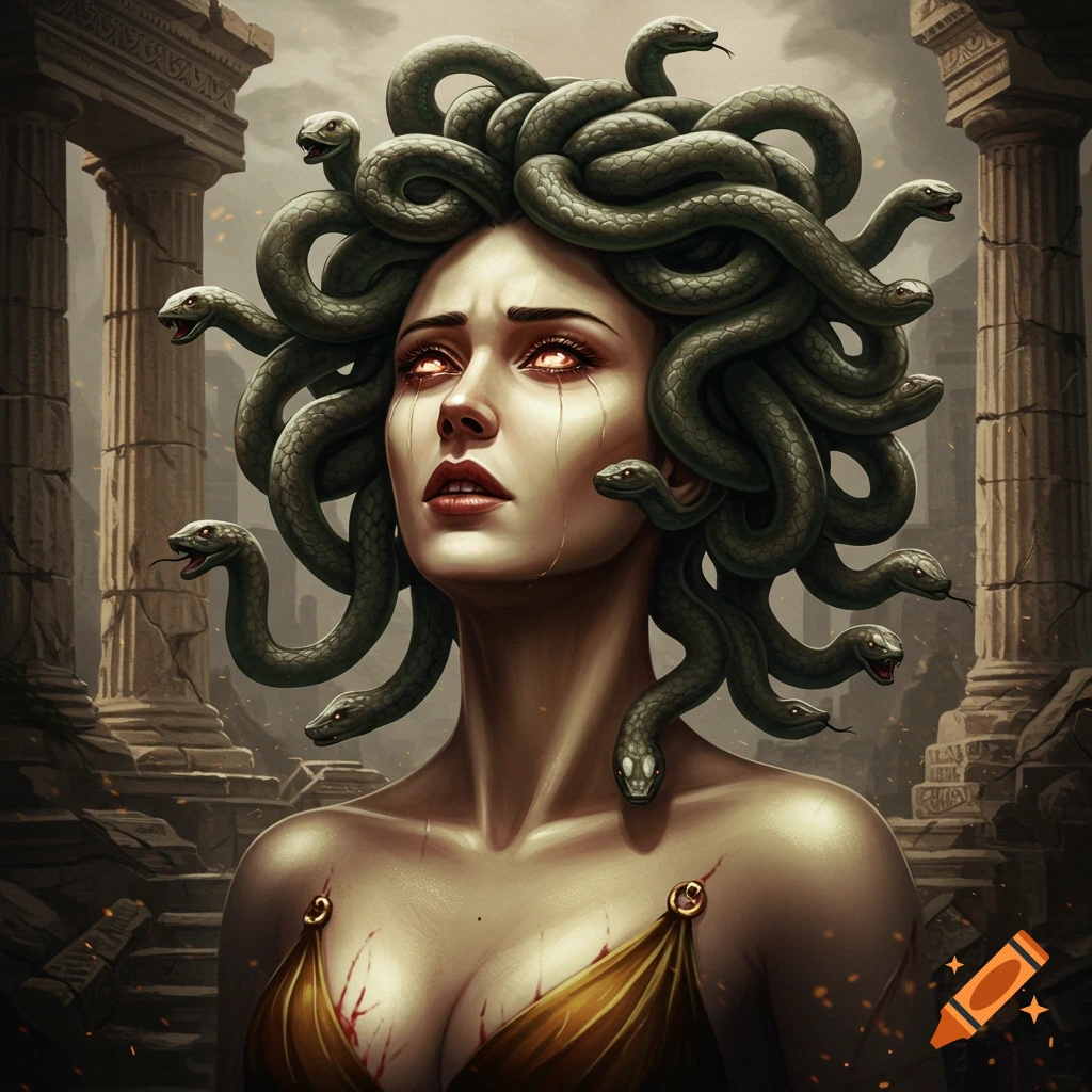 Fantasy illustration of Medusa crying in ancient ruins.