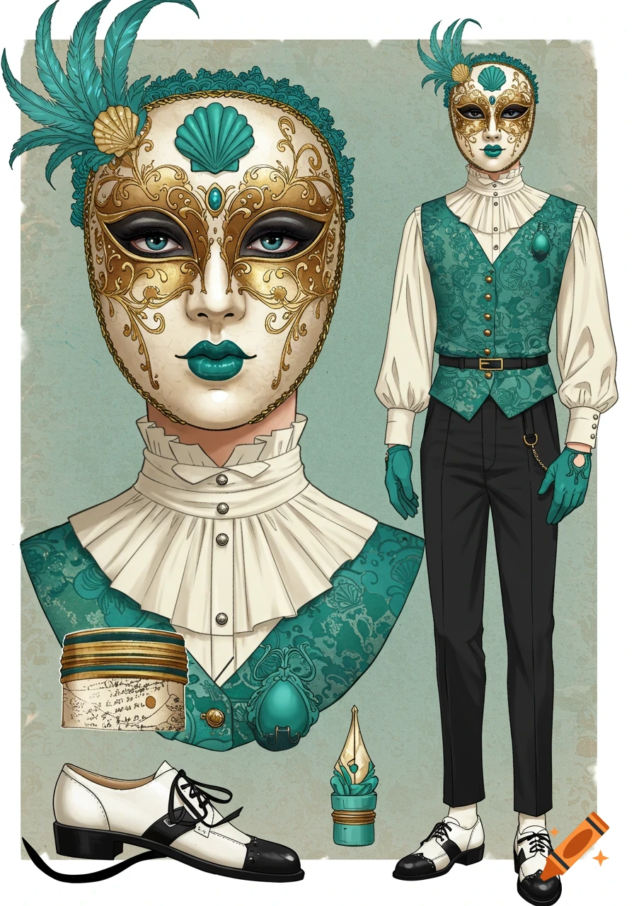 Illustration of a figure in a gold and teal masquerade mask and costume, with matching accessories.