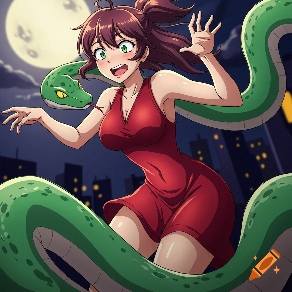 Anime woman in red dress wrapped by a large green snake at night