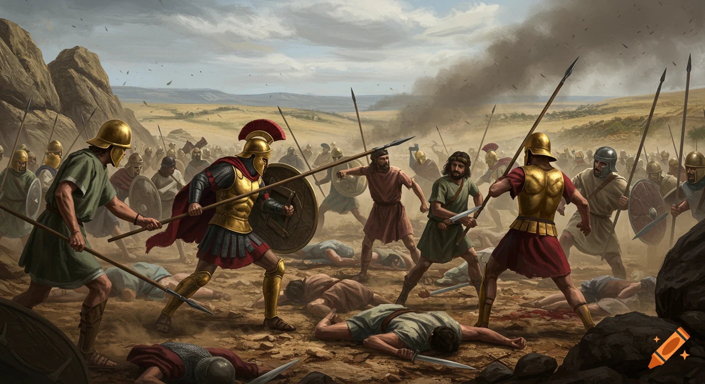 Ancient battle scene depicting soldiers fighting with spears and shields on a dusty plain.