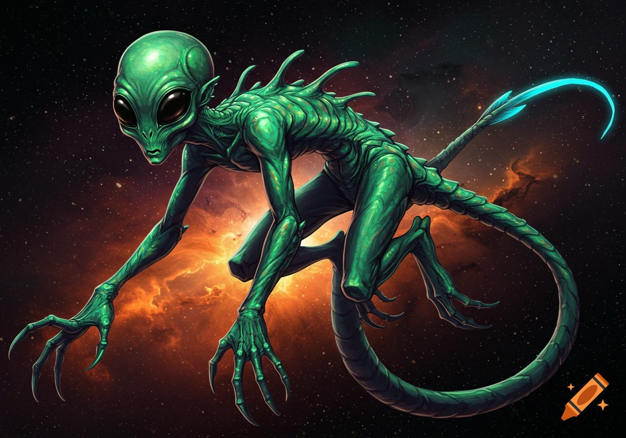 A green reptilian alien with large eyes and long claws crouches in space against a nebula background.