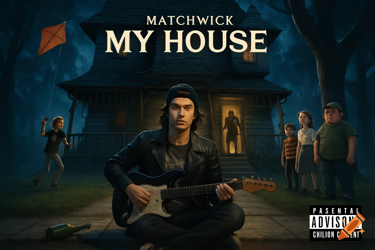 Young man with a guitar in front of a spooky house with other figures, like a movie poster.