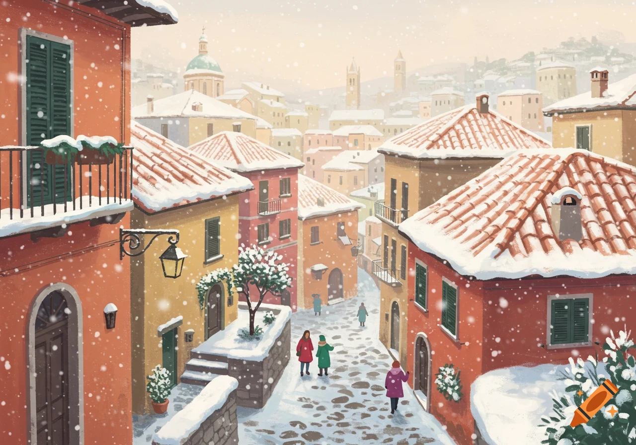 Painted scene of a snowy street in an Italian town with colorful buildings and people.