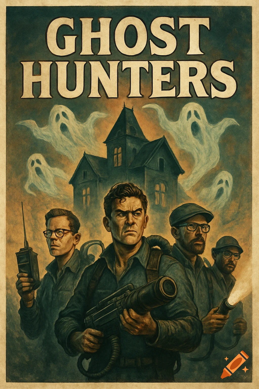 Vintage poster for Ghost Hunters with men, a haunted house, and ghosts.