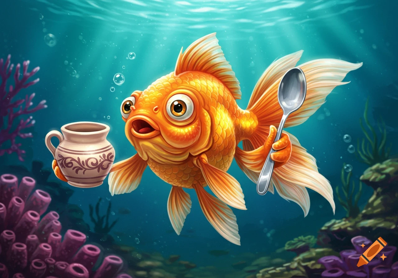 Cartoon goldfish holding a pot and spoon underwater