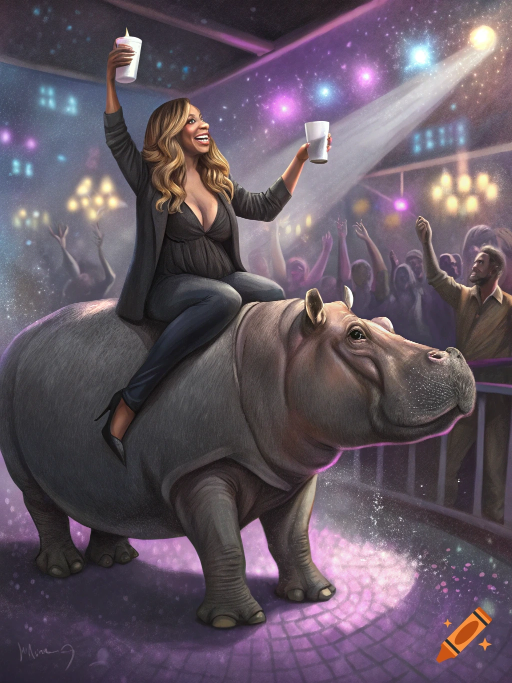 Illustration of Wendy Williams riding a hippo on a club dance floor, holding up drinks as people cheer.