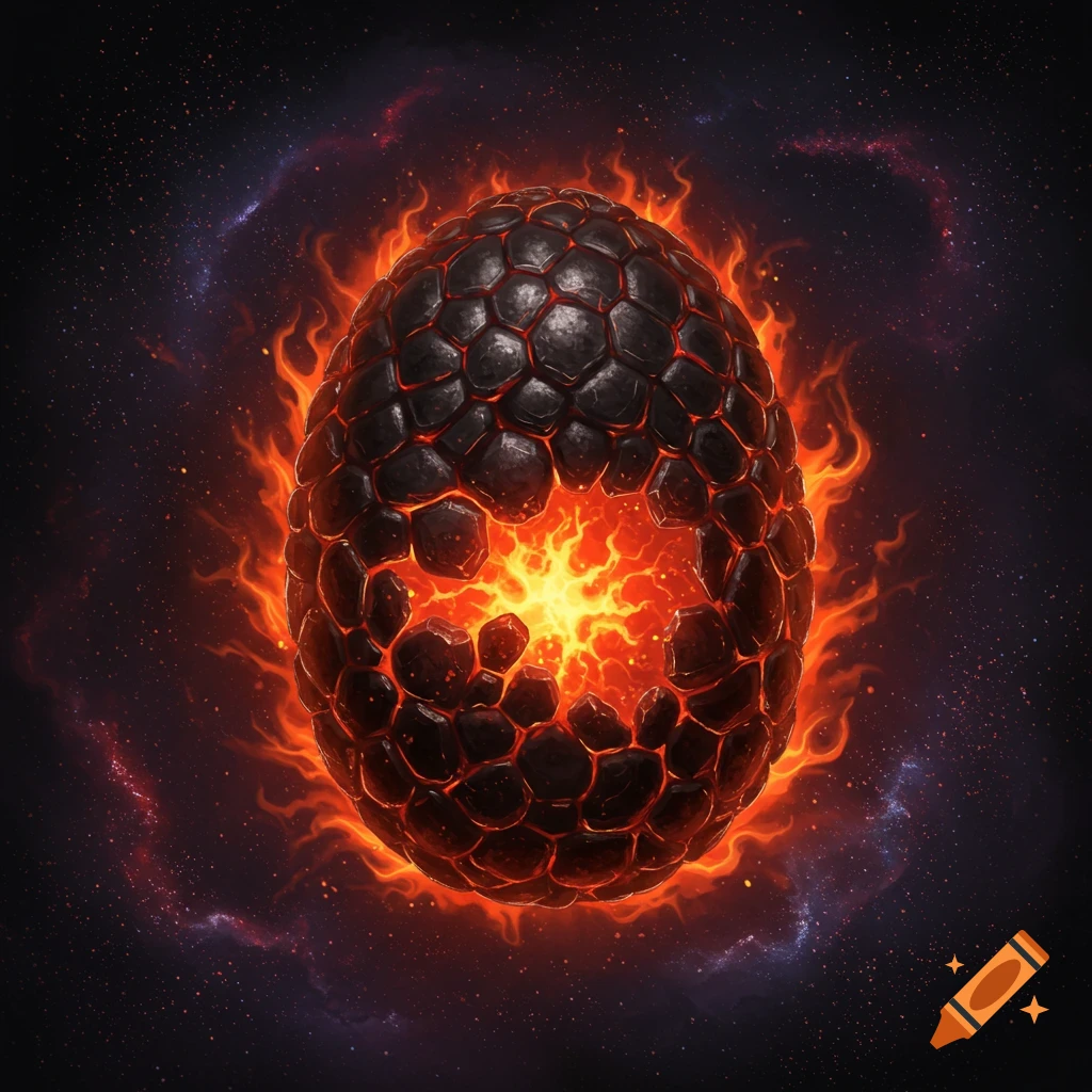 A dark, scaly dragon egg cracks open with fiery light inside, set against a starry space background.
