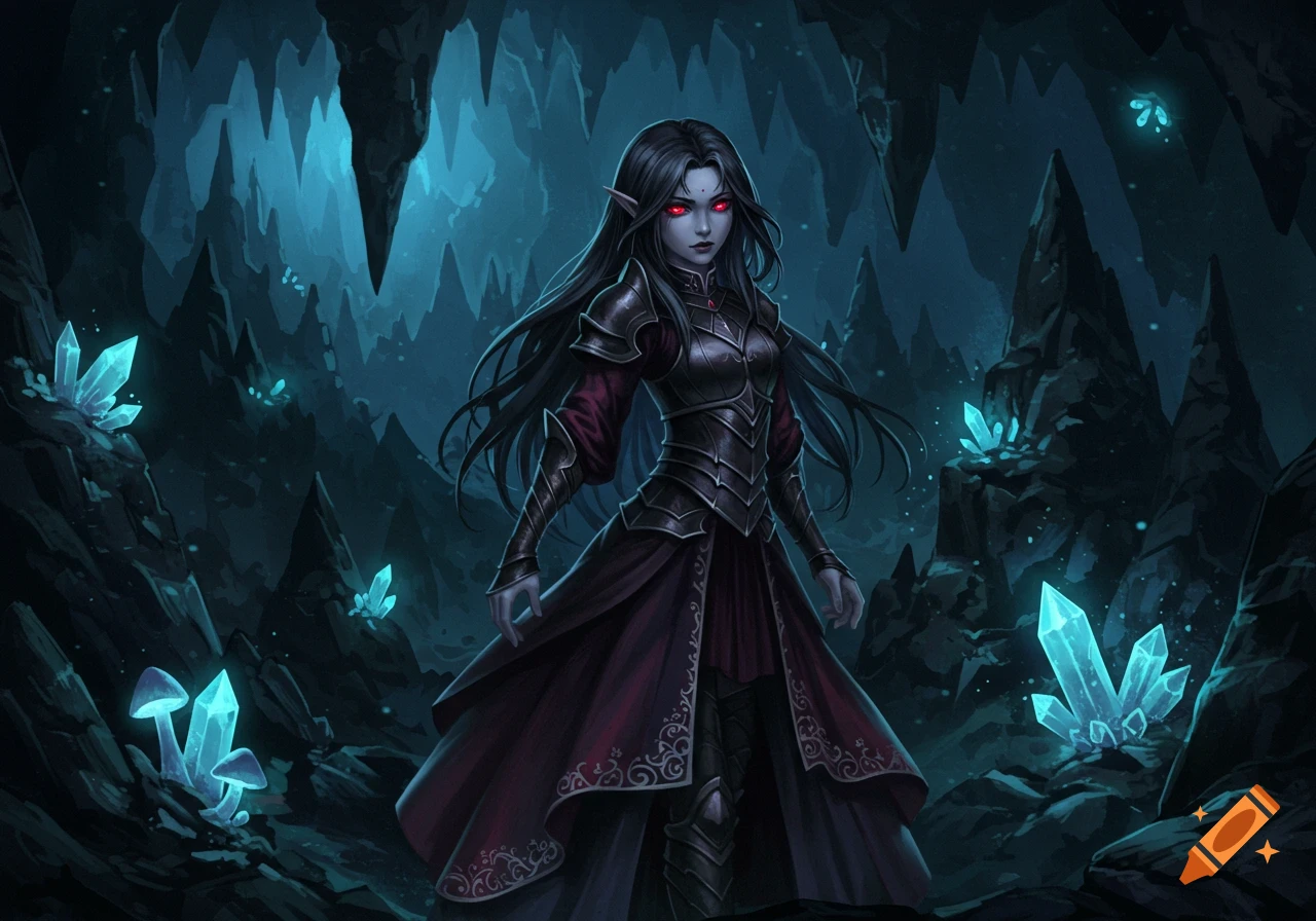 A dark elf woman in dark armor stands in a glowing crystal cave. on Craiyon