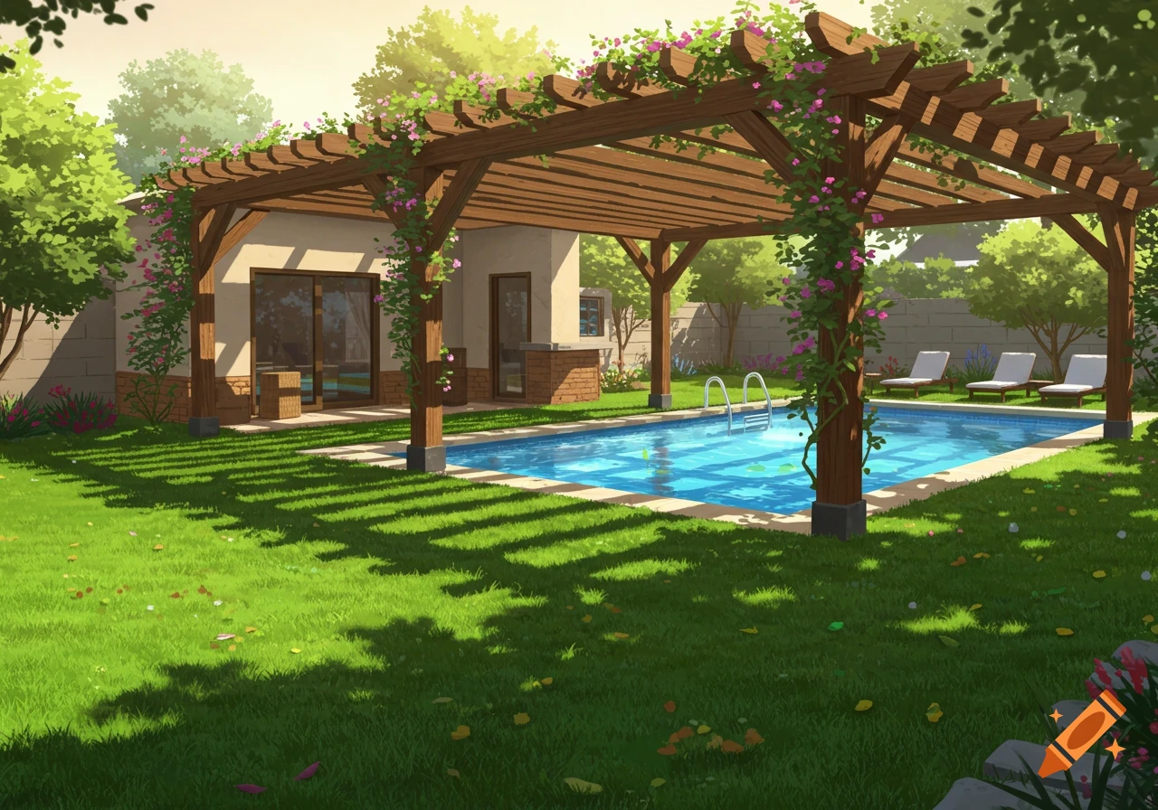 A backyard with a large pool, a wooden pergola covered in pink flowers, and lounge chairs on the grass.