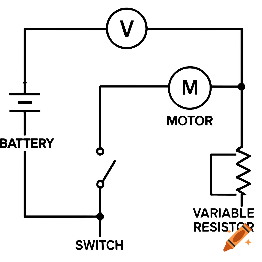 A simple electrical circuit diagram showing a battery, switch, motor, and variable resistor in series, with a voltmeter measuring the voltage across the motor.