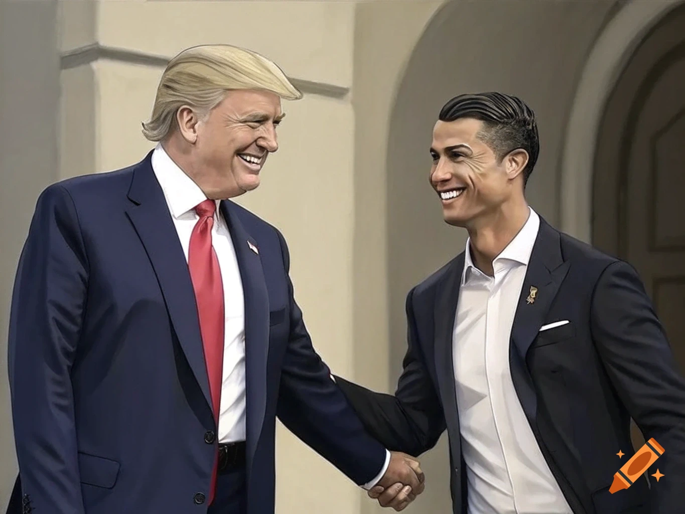 Donald Trump and Cristiano Ronaldo shake hands and smile.