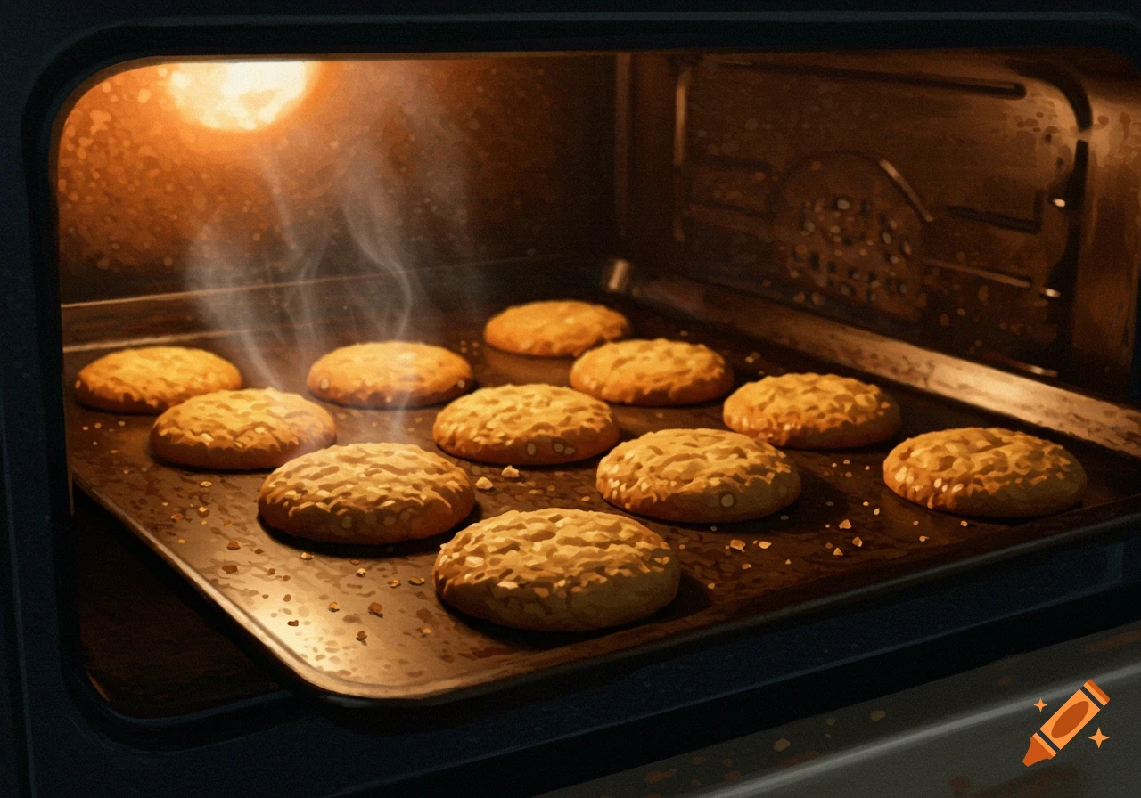 Tray of biscuits baking in an oven with steam.