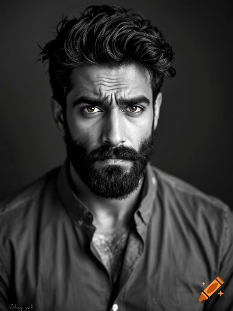 Black and white close-up portrait of a bearded man with a serious, annoyed expression.