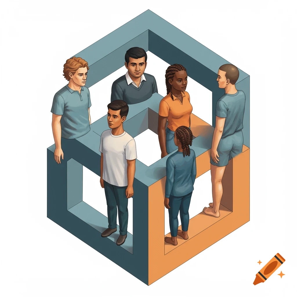 Illustration of stylized people standing on an impossible cube structure.