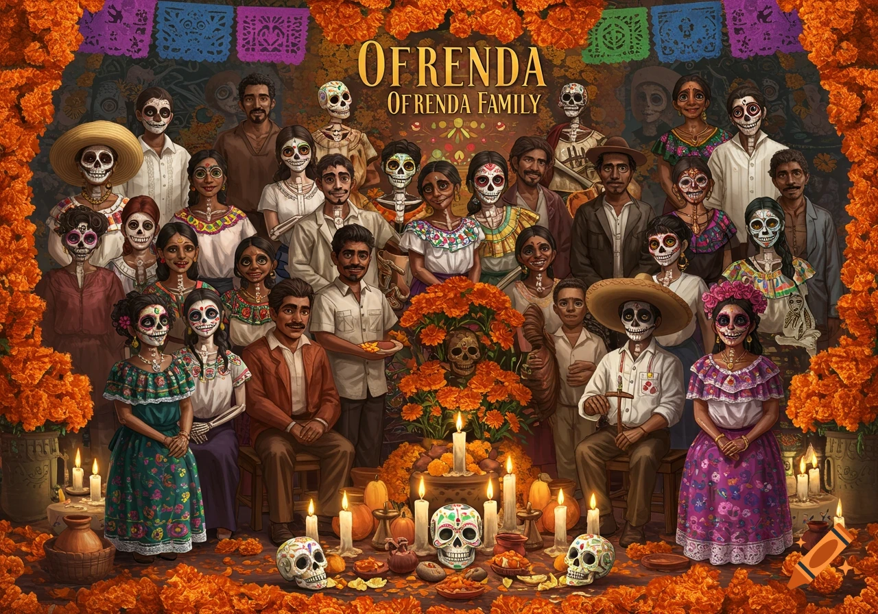 A large family with skeleton face paint poses around an ofrenda decorated with marigolds for Day of the Dead.