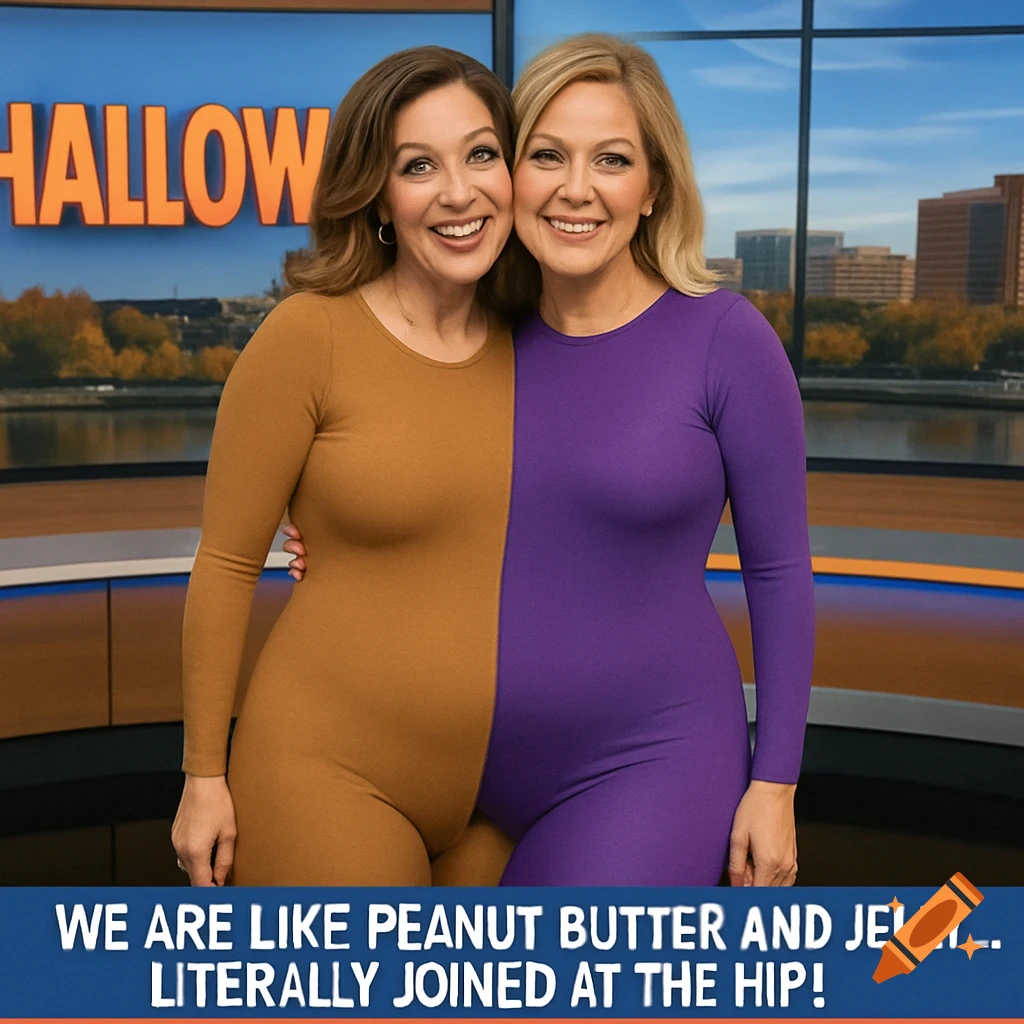 Two women in a brown and purple peanut butter and jelly bodysuit on a news set with text