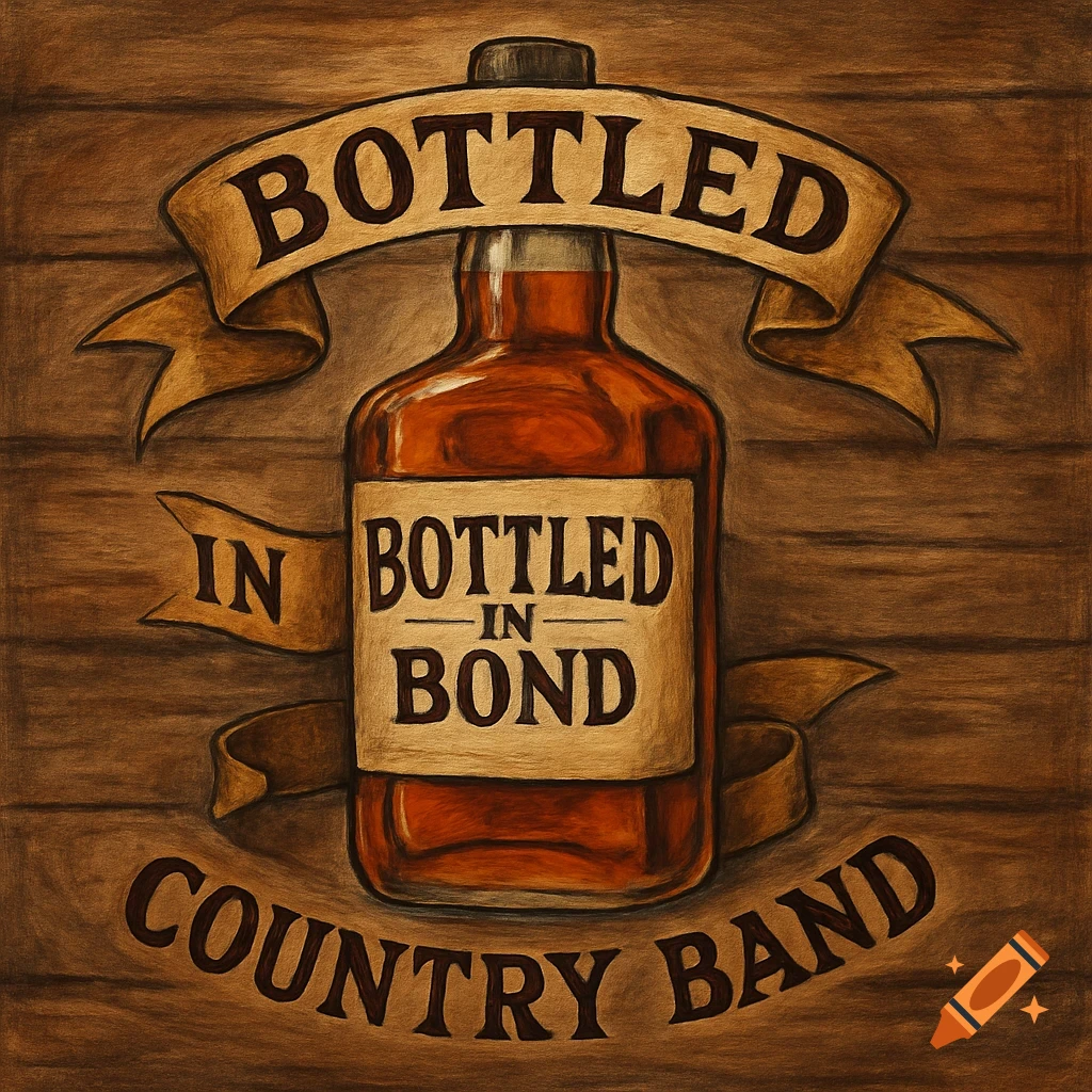 Illustrated logo for Bottled in Bond Country Band with a bottle on a wooden background.
