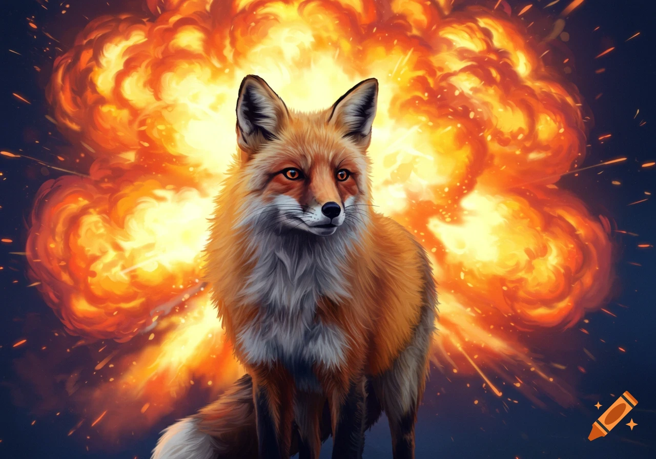 A red fox stands in front of a large, fiery explosion in an illustration.