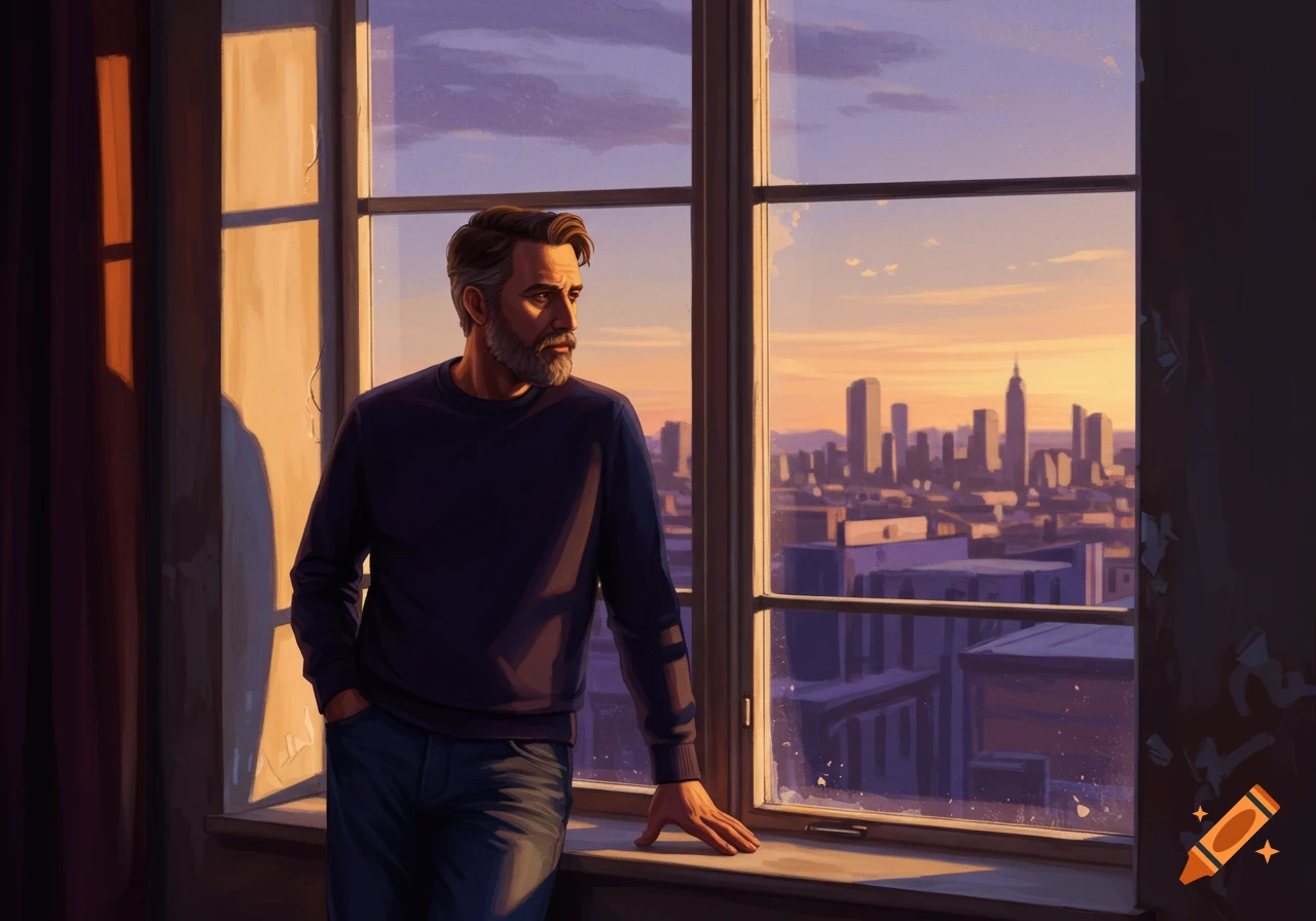 A man looks out a window at a city skyline during sunset.