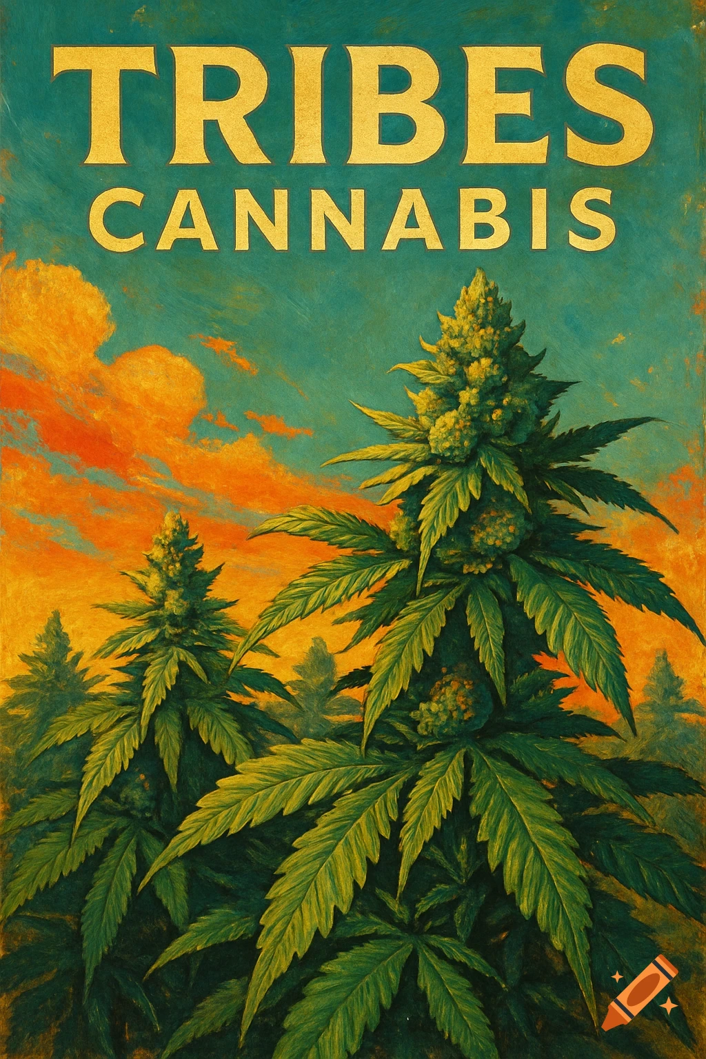 Painterly style image of cannabis plants under an orange sky with the words Tribes Cannabis.