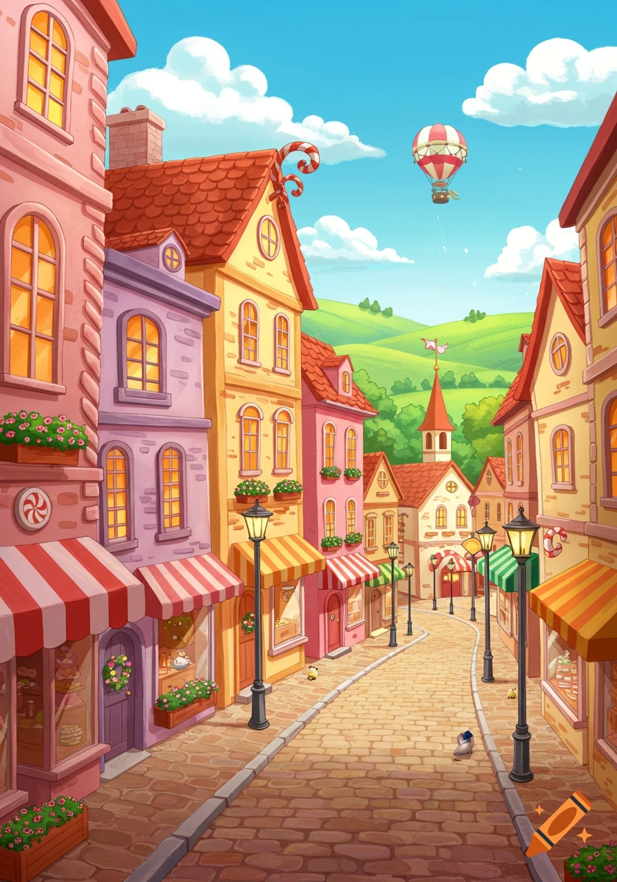 Whimsical cartoon town street with colorful buildings, striped awnings, streetlights, and a hot air balloon in the sky.