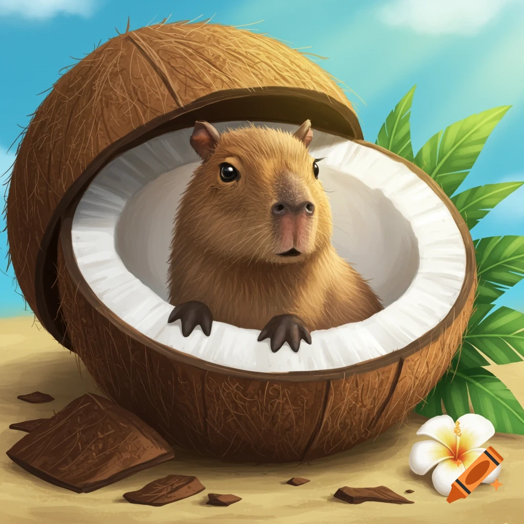 A cute capybara is sitting inside a cracked coconut on a sandy beach with a tropical flower nearby. Illustrated style.