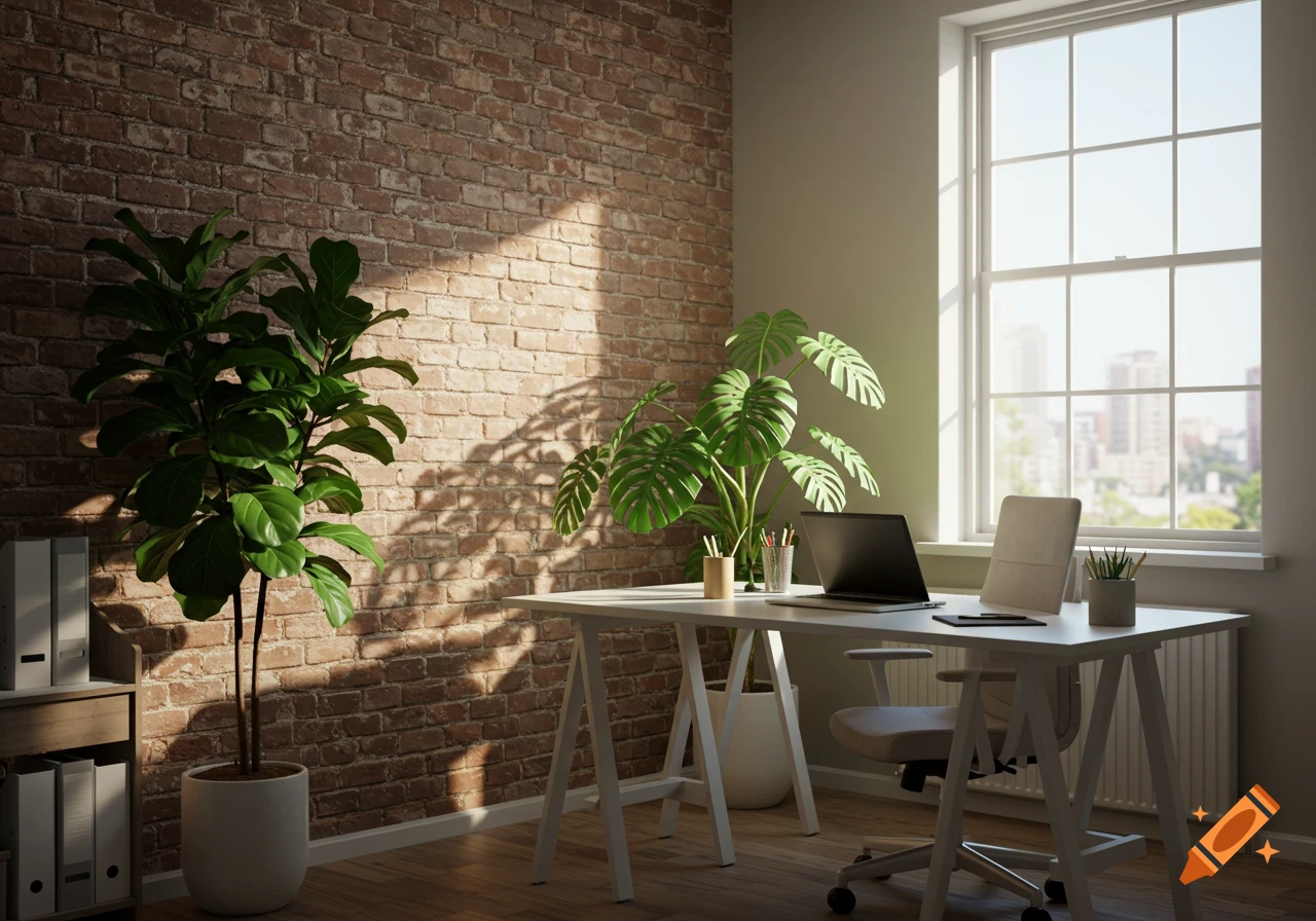 Photorealistic home office with brick wall, large plants, white desk, laptop, and sunlight from window.