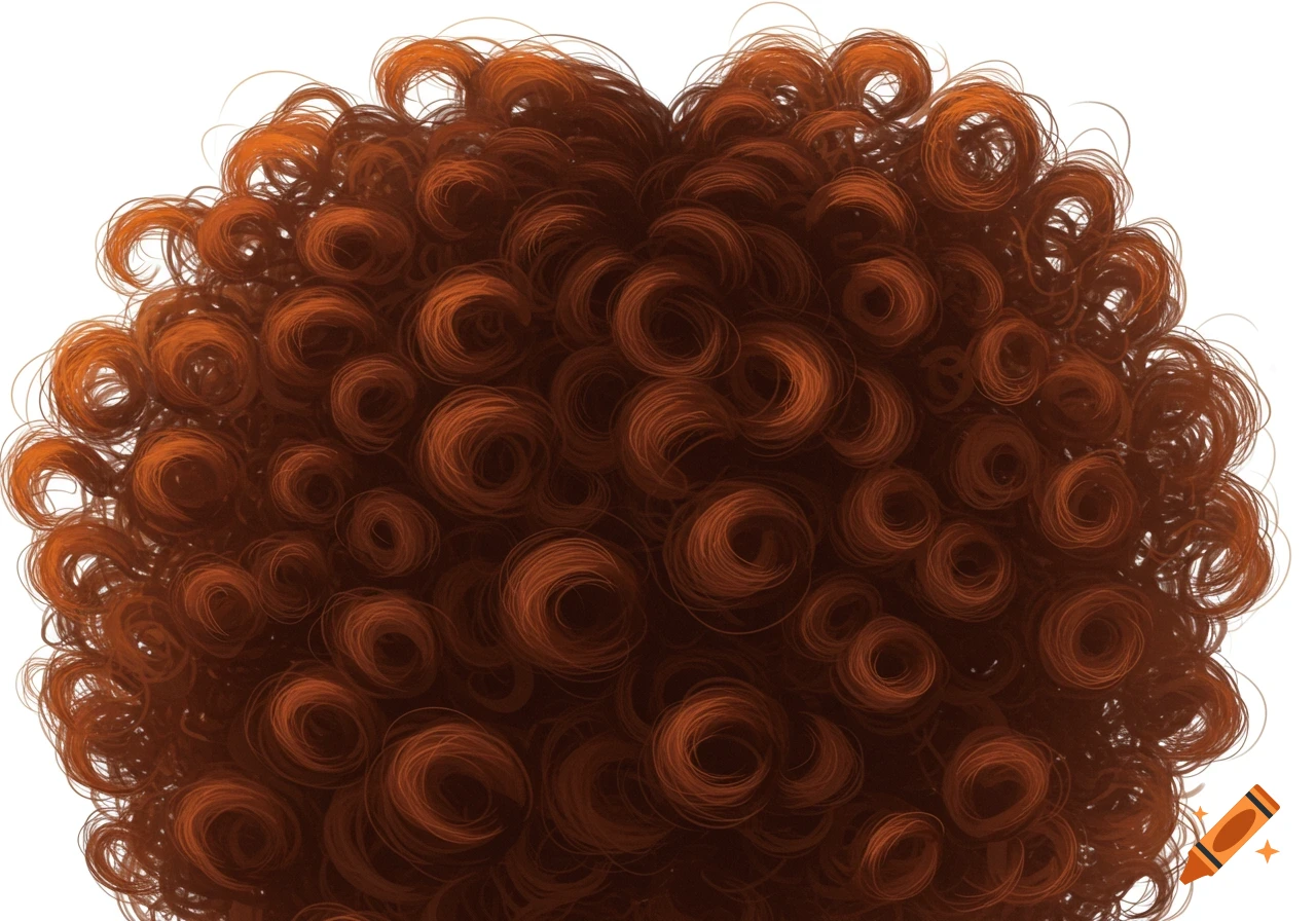 Close-up of stylized brown curly hair against a white background.