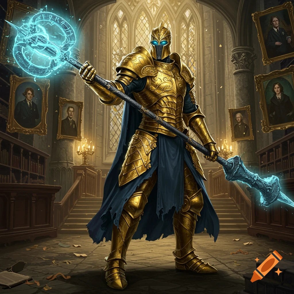 Golden armored knight with glowing staff stands in a library.
