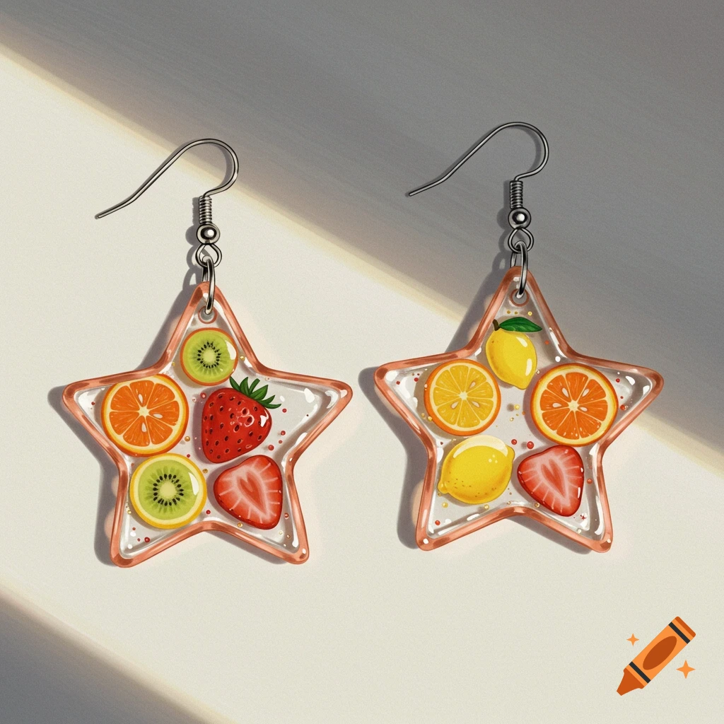 Two star-shaped resin earrings filled with various fruit slices, shown on a white surface.