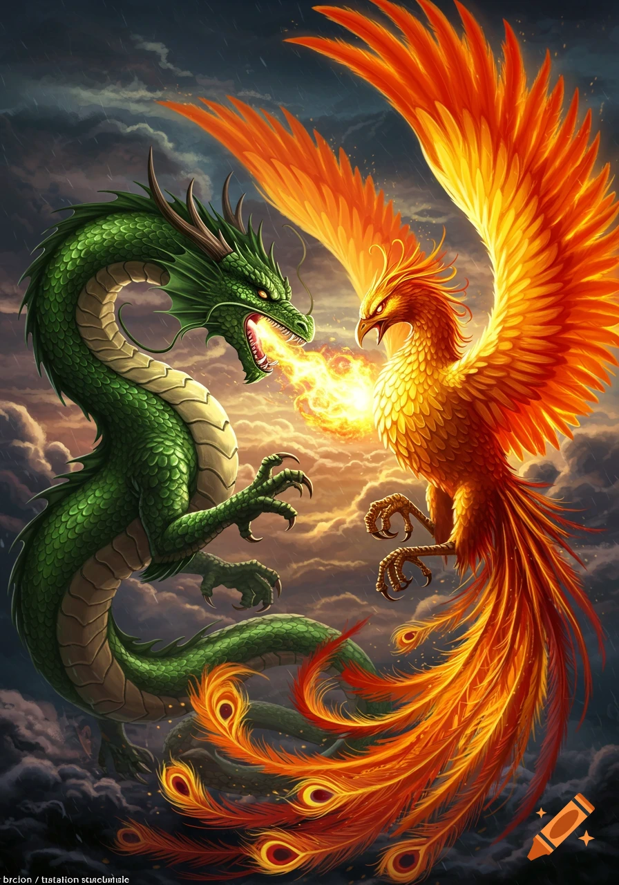 A green dragon and an orange phoenix battle with fire in a stormy sky, digital art style.