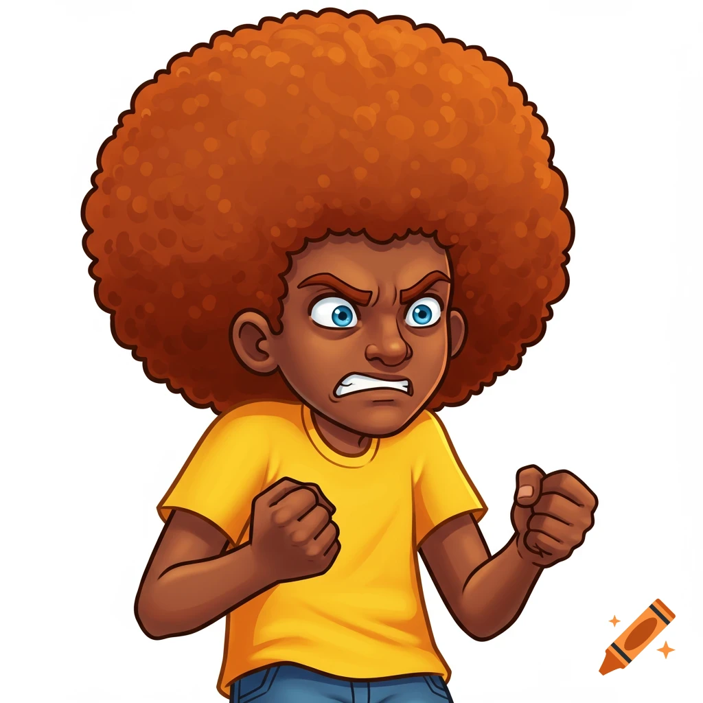Cartoon character with an afro and yellow shirt, looking frustrated with clenched fists.