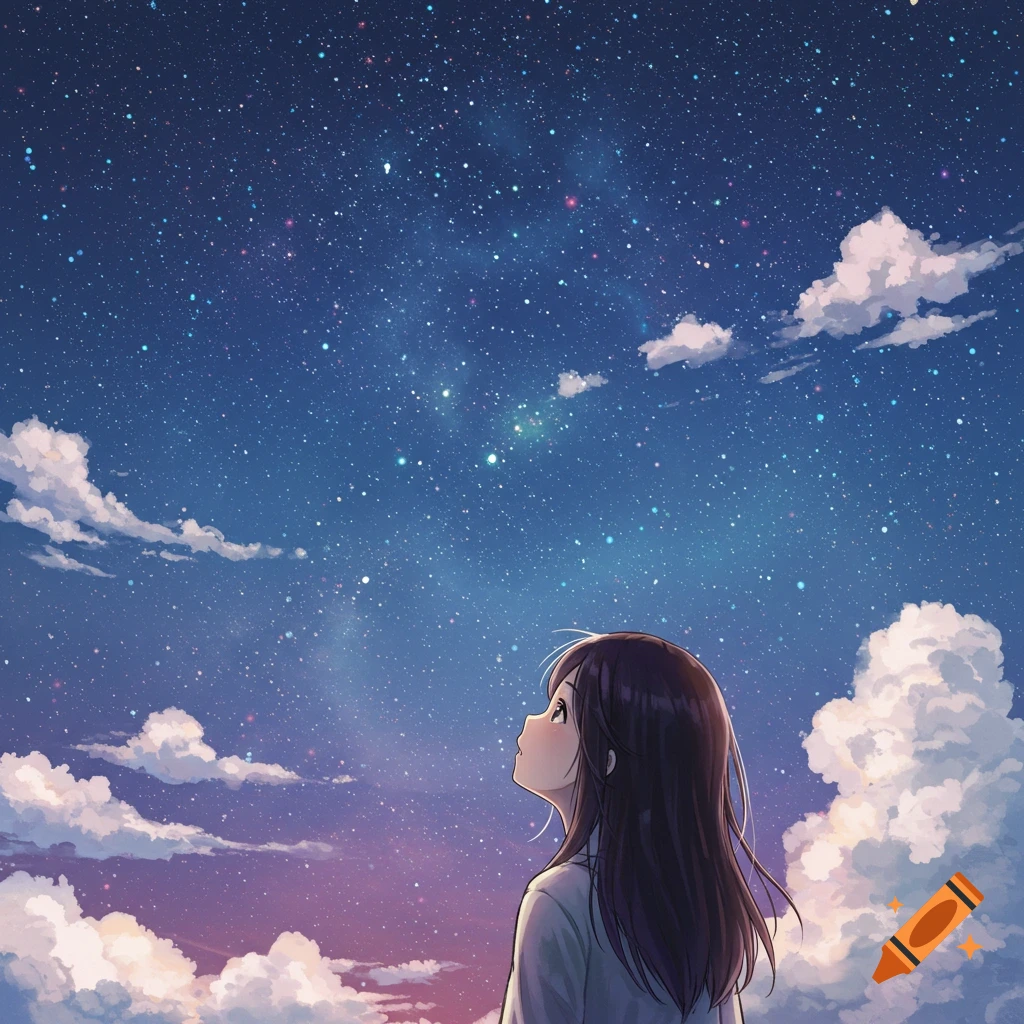 Anime girl gazes up at a starry night sky with clouds.