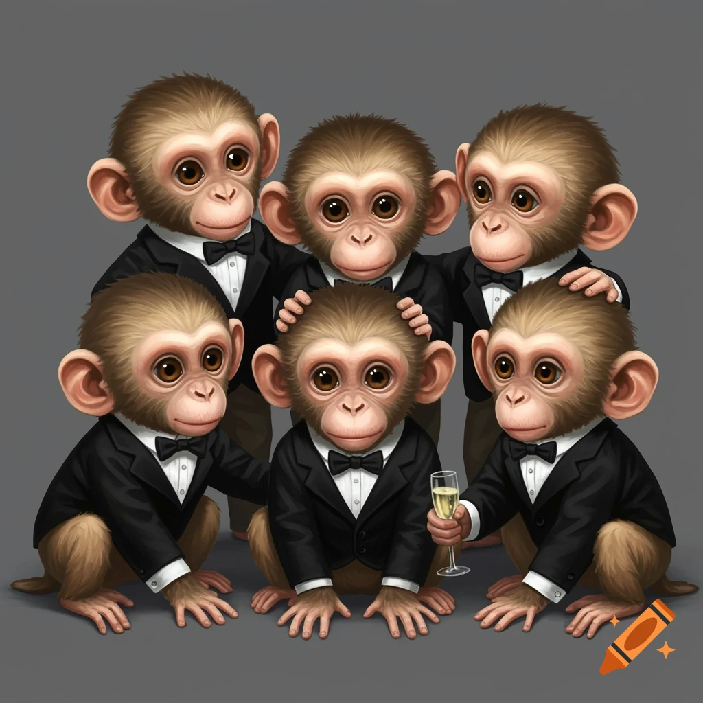 Cute baby monkeys wearing tuxedos on a gray background.
