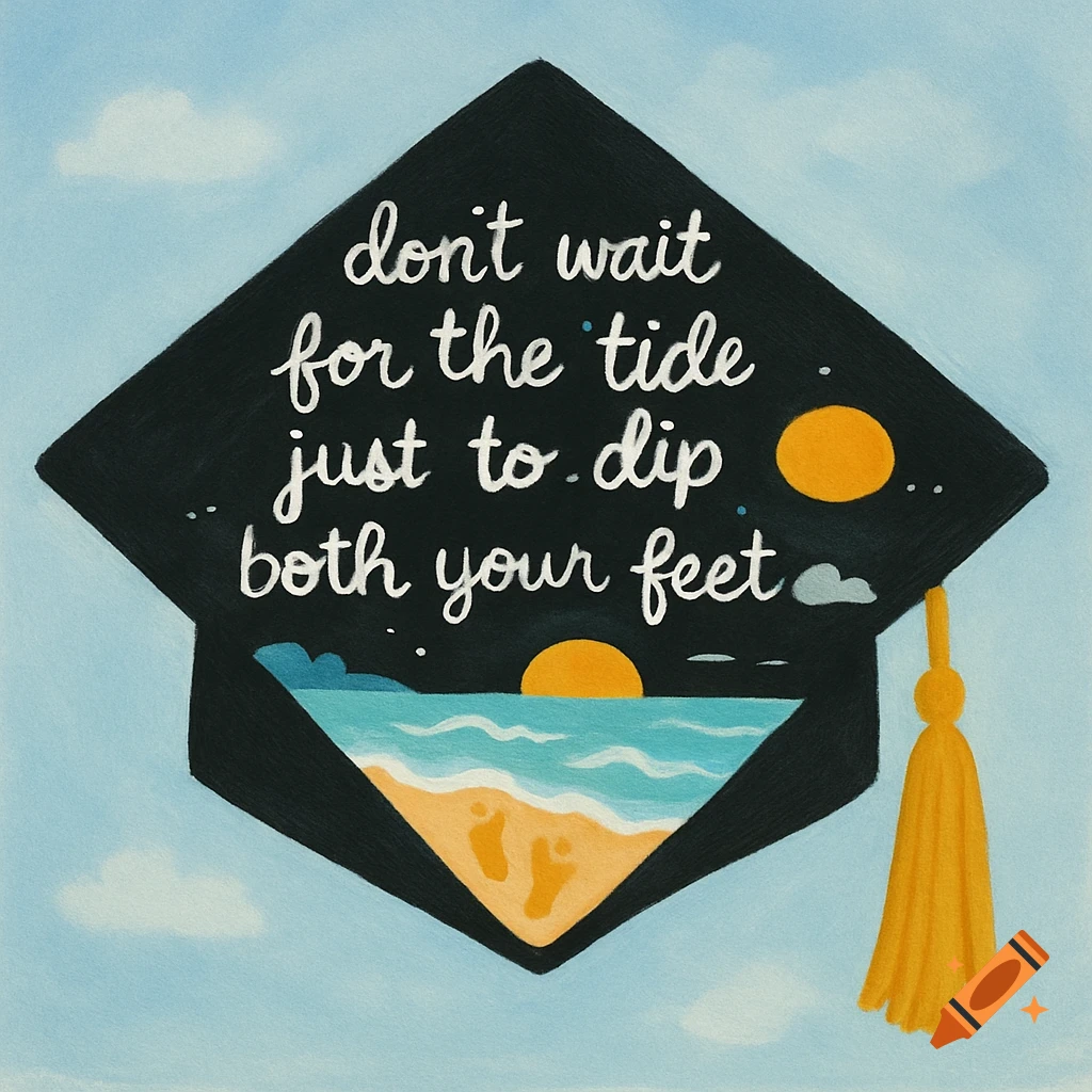 A graduation cap with a beach scene and footprints inside and text that says "don't wait for the tide just to dip both your feet".