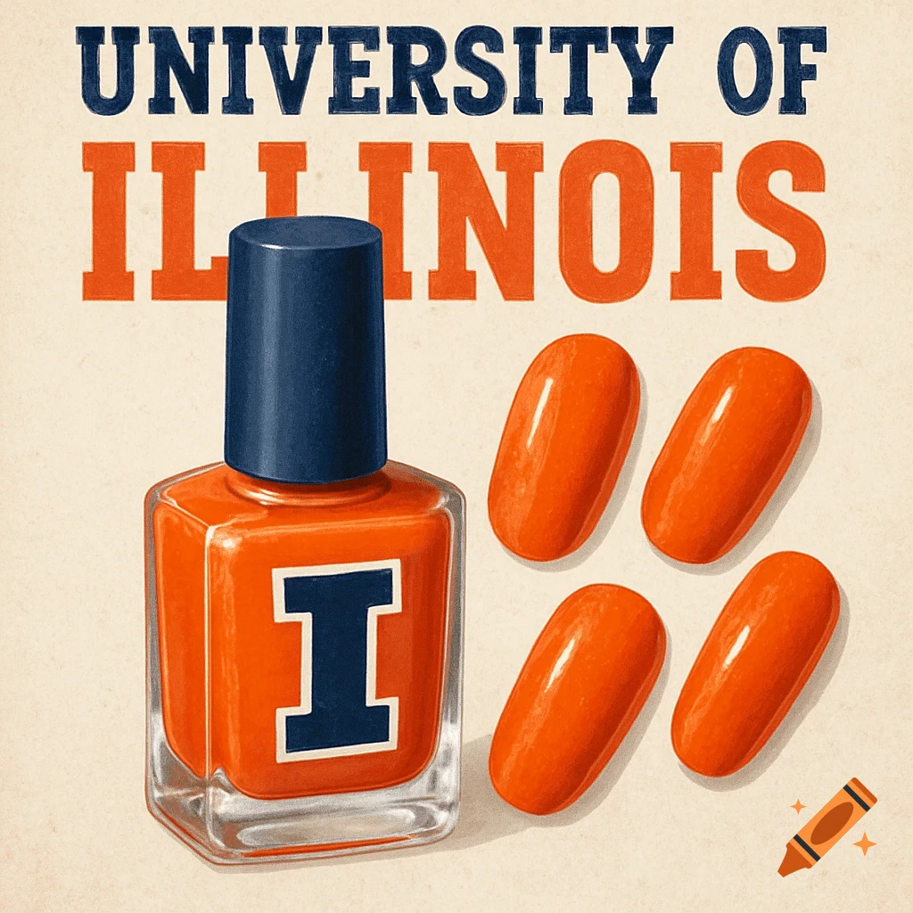 Illustration of orange nail polish bottle with University of Illinois logo and four orange nails