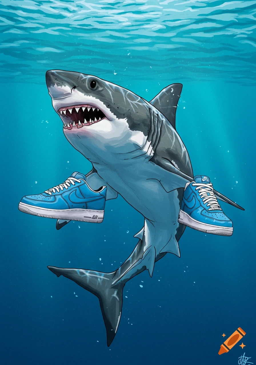 An illustration of a great white shark swimming underwater wearing blue sneakers.