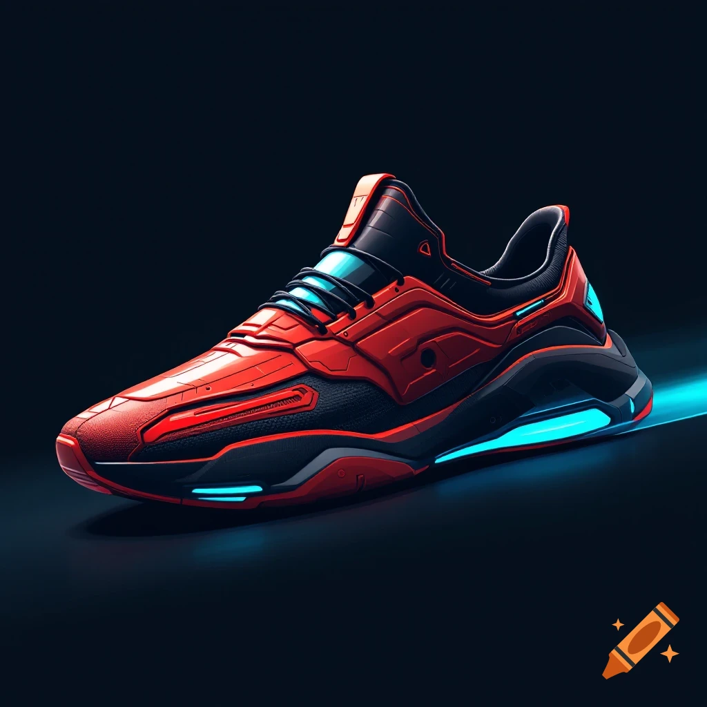 Detailed rendering of a red and black futuristic sneaker with blue glowing accents.
