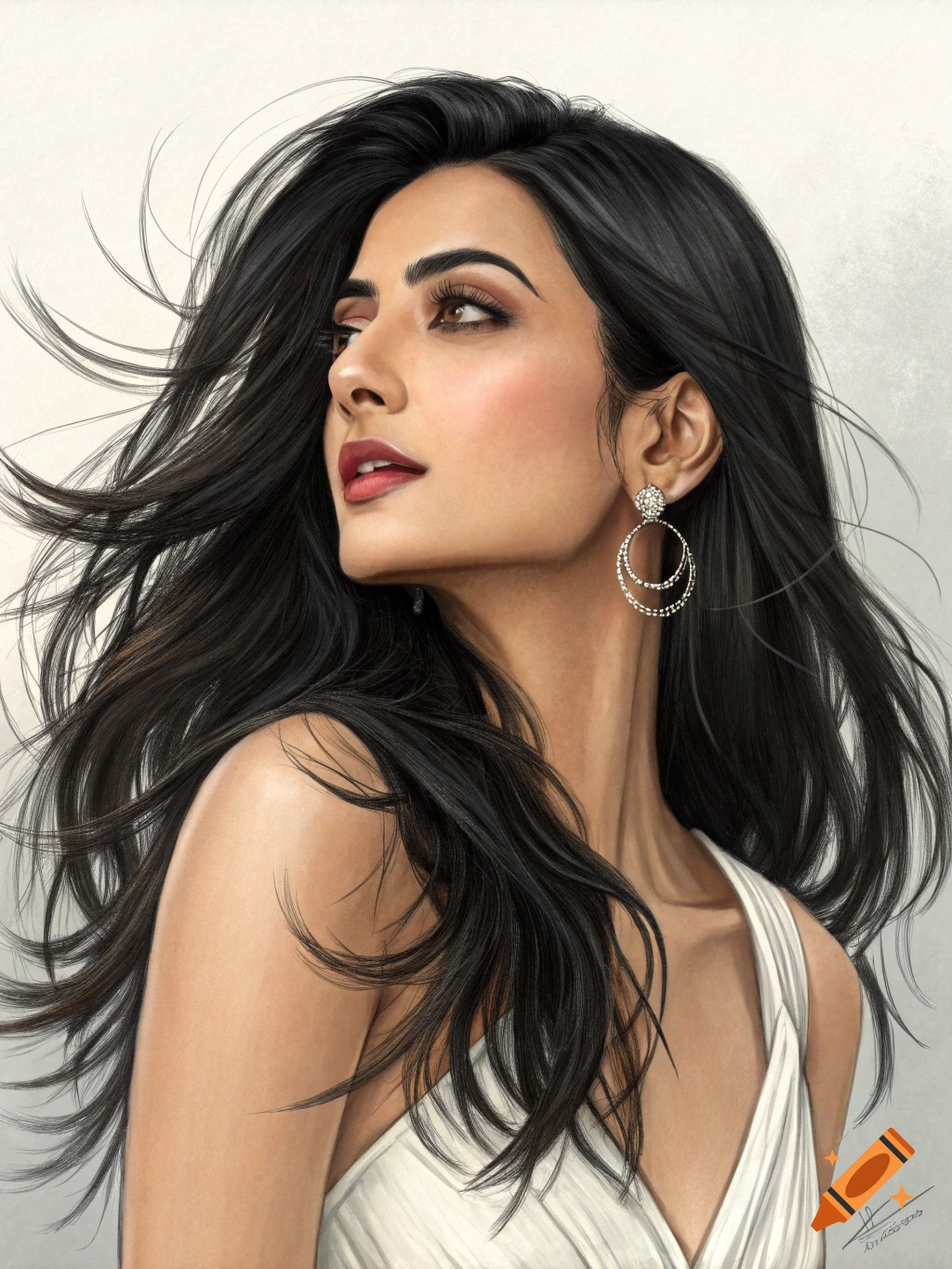 Digital painting of a woman with long dark hair, earrings, and a white dress looking left