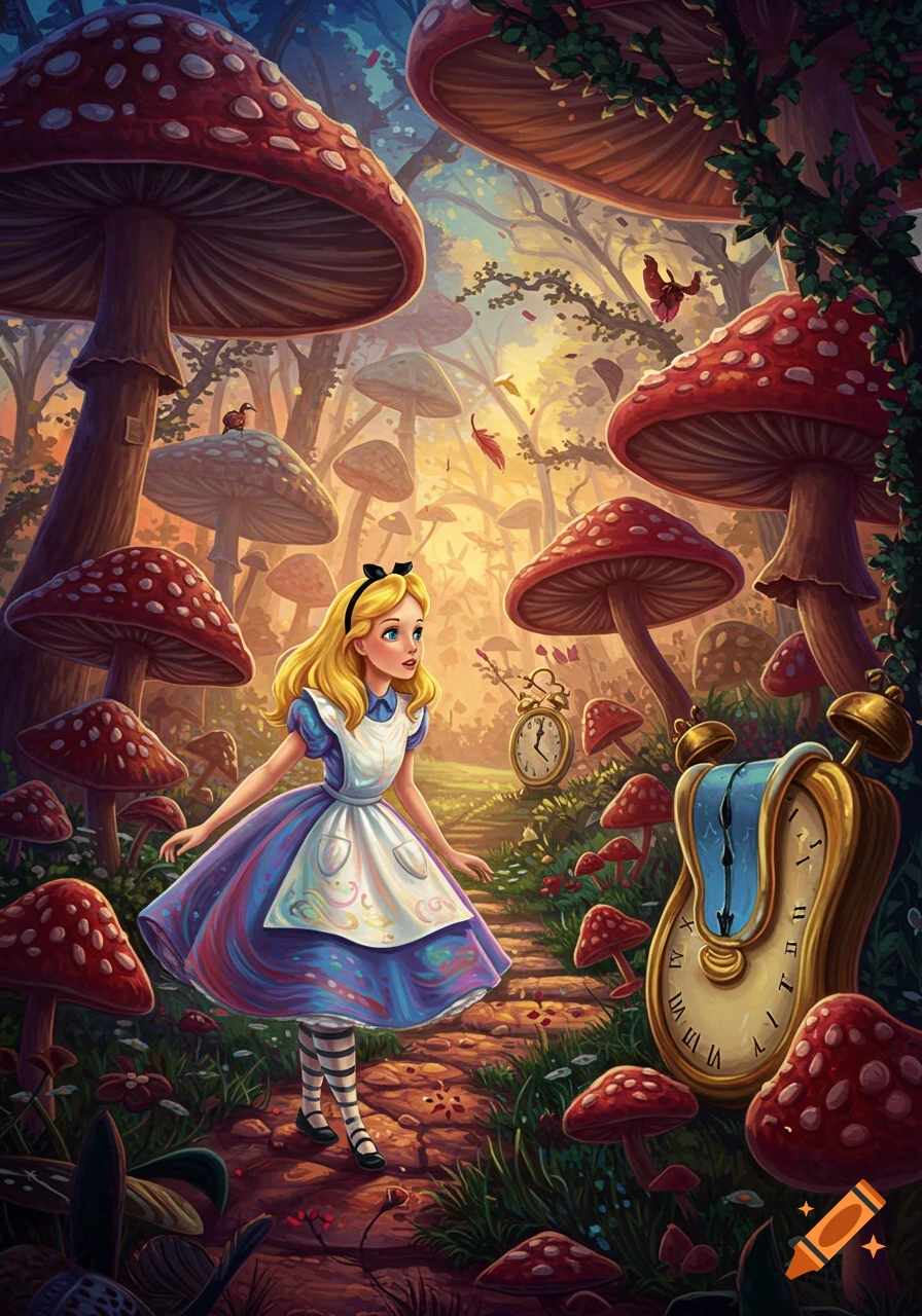 Illustration of Alice in Wonderland standing among large mushrooms and melting clocks
