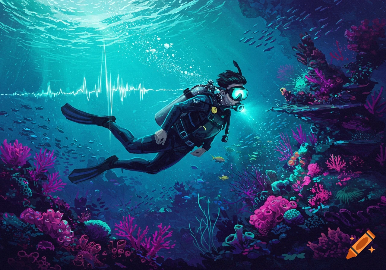 Illustration of a scuba diver swimming underwater over colorful coral with fish and a waveform above.