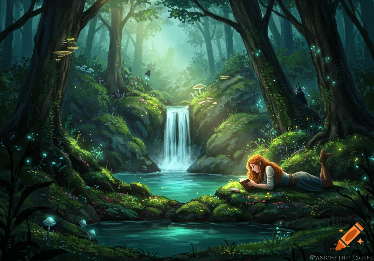 A person reads a book while lying beside a waterfall in an enchanted forest.