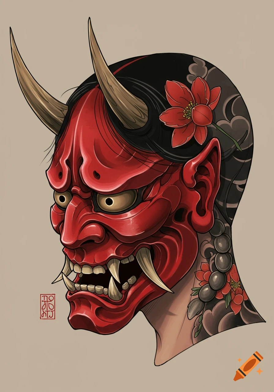 Illustration of a red Hannya mask with horns, a red flower, and a tattoo on a head, side view.